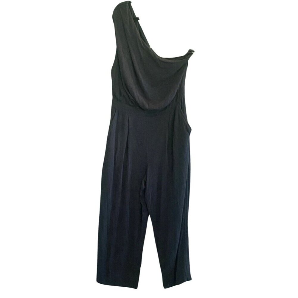 Free People One Shoulder Cropped Black Woven Cotton Blend Gauze Jumpsuit Size 8 - Picture 5 of 7